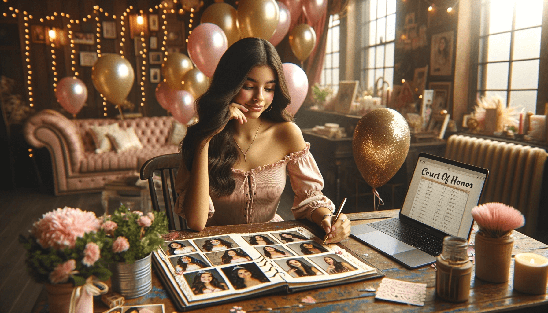 A girl Quinceañera sitting at a table with a laptop