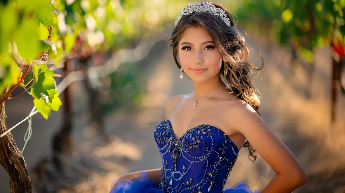 sesión de fotos de vestido de quinceañera azul rey