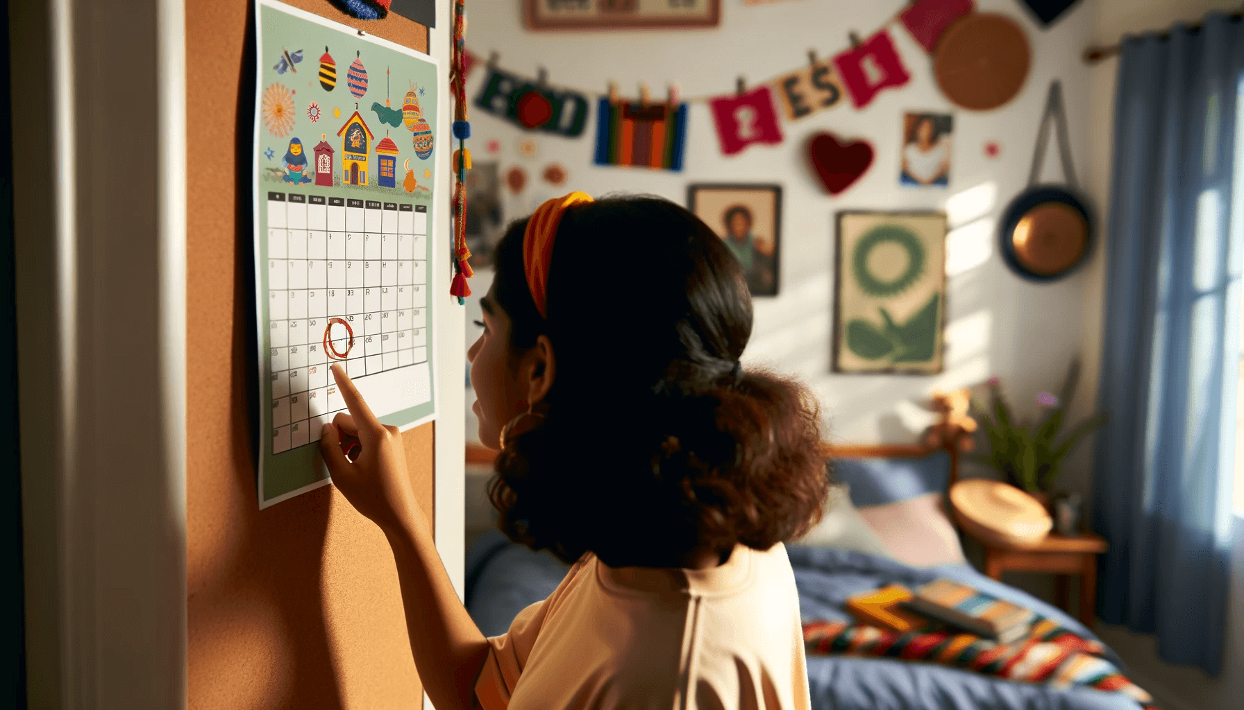 Quinceanera room, a woman is looking at a calendar on the wall