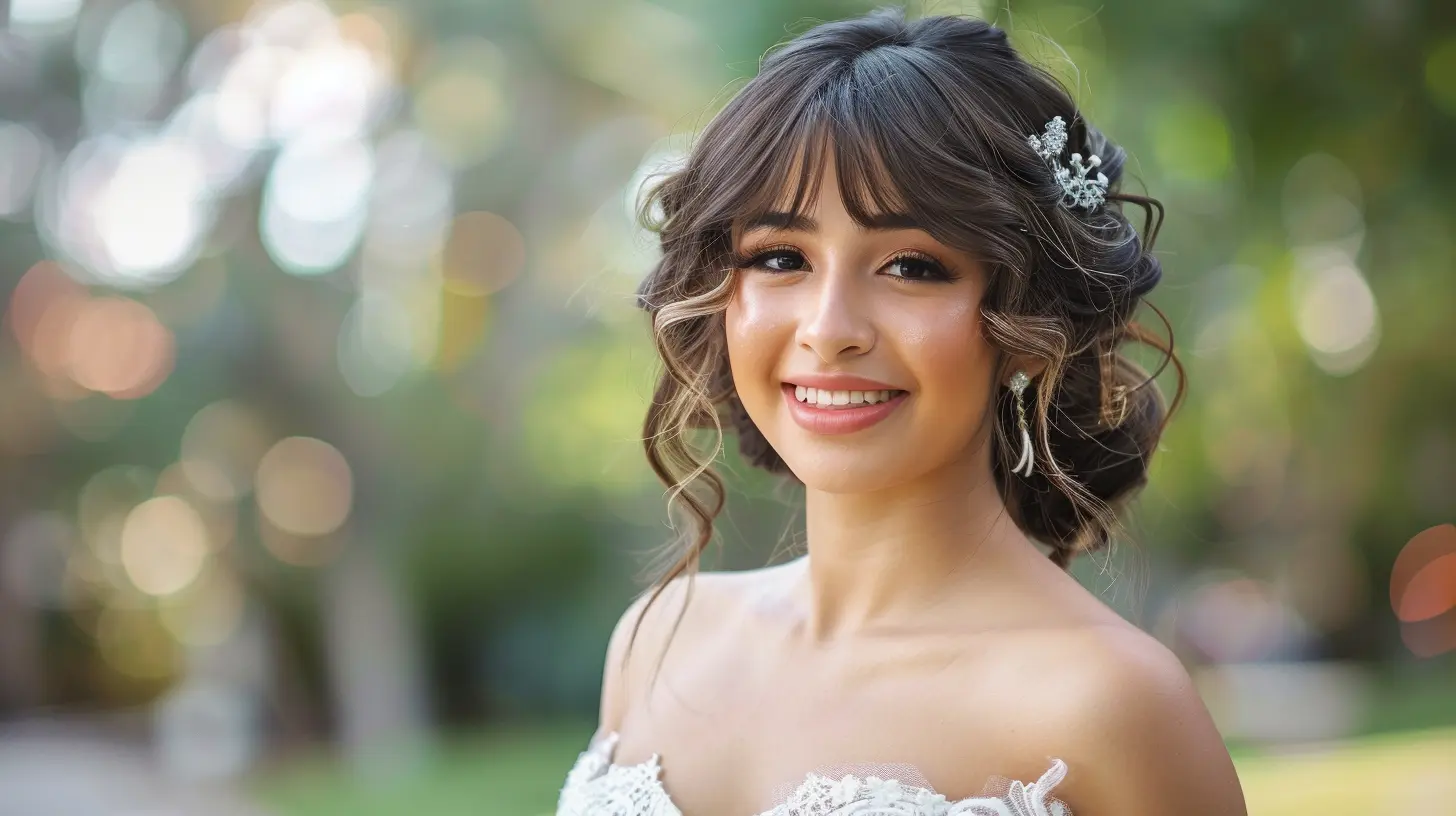 peinado de quinceañera con rizos y flequillo